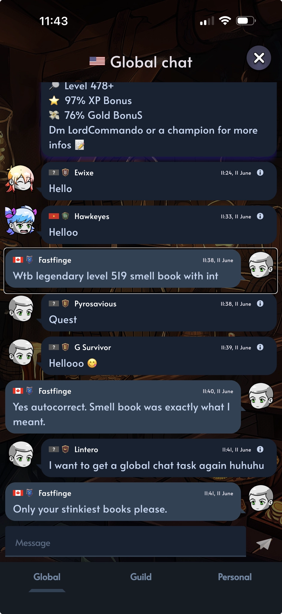 Screenshot of a game chat where I ask “wtb level 519 legendary smell book with int.”